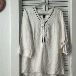 Ashley Stewart Cream V-Neck Tunic with Black Trim